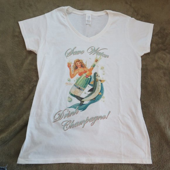 "Save Water Drink Champagne!" Original Brendan Coudal Design Mermaid T Shirt XL - Picture 1 of 9